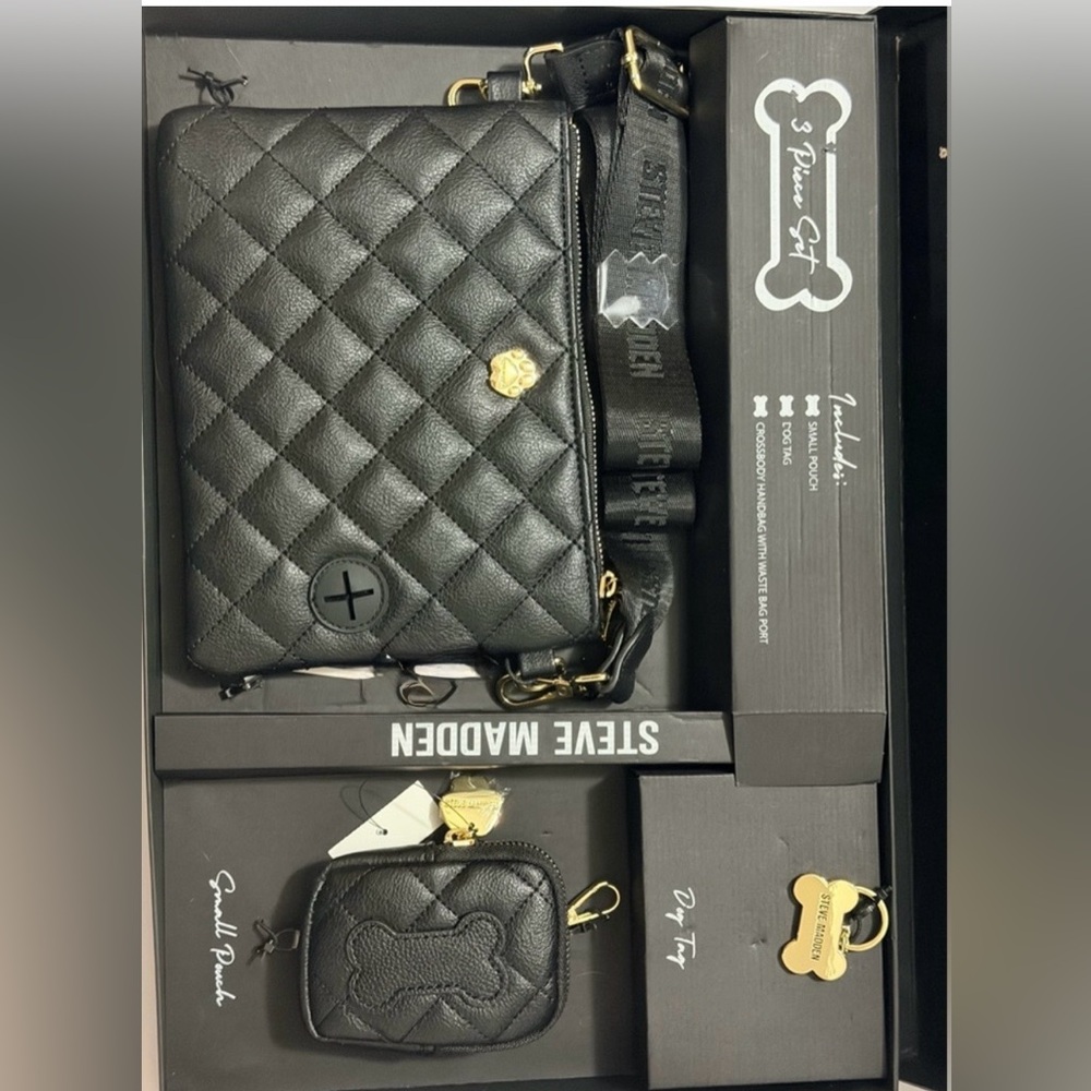Steve Madden Black Quilted Crossbody with Gold Accents and Removable Strap